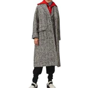 Tory Burch Women's Oversized Tweed Coat Grey Black White Sz 10 oversized